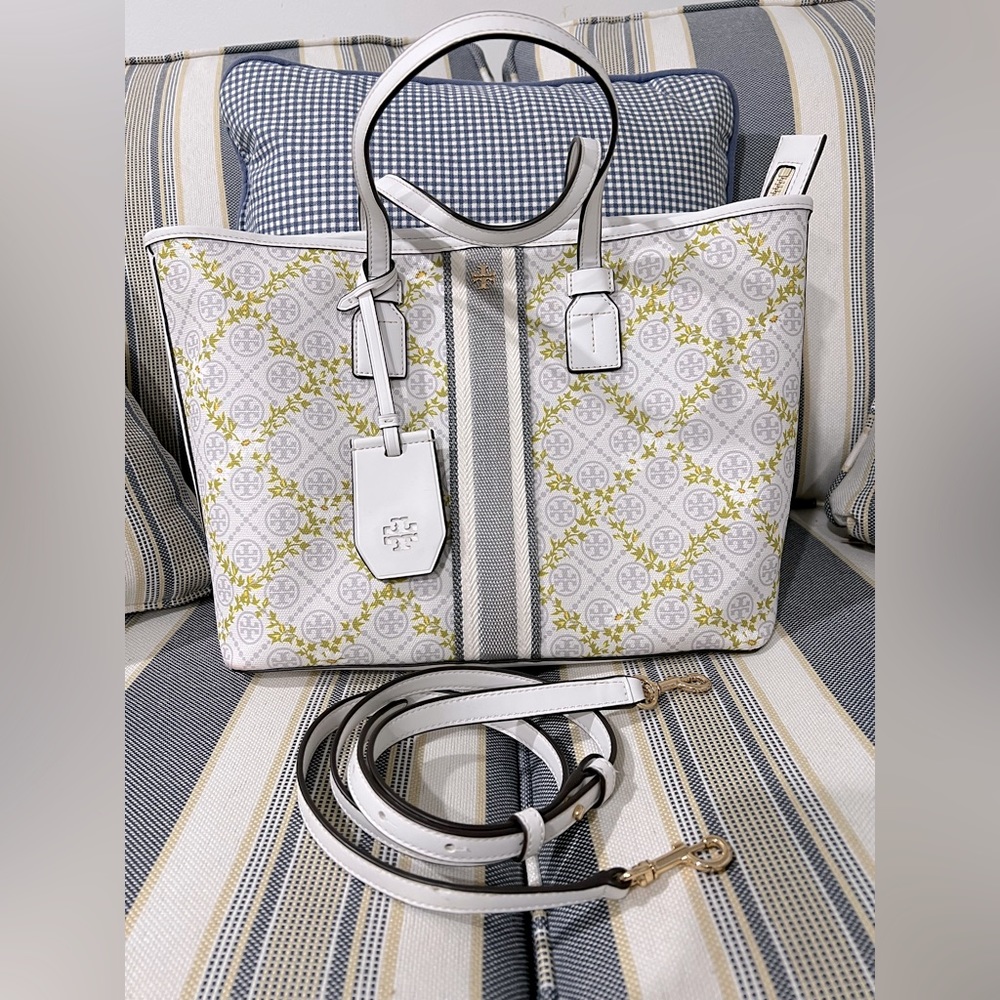 Tory Burch T Monogram Floral Vine small top zip tote bag